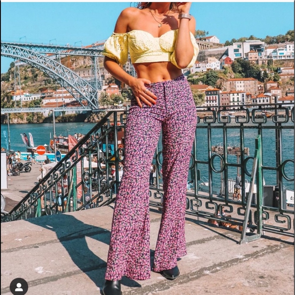 Zara FLORAL PRINTED FLARED PANTS A-Line Hem PINK